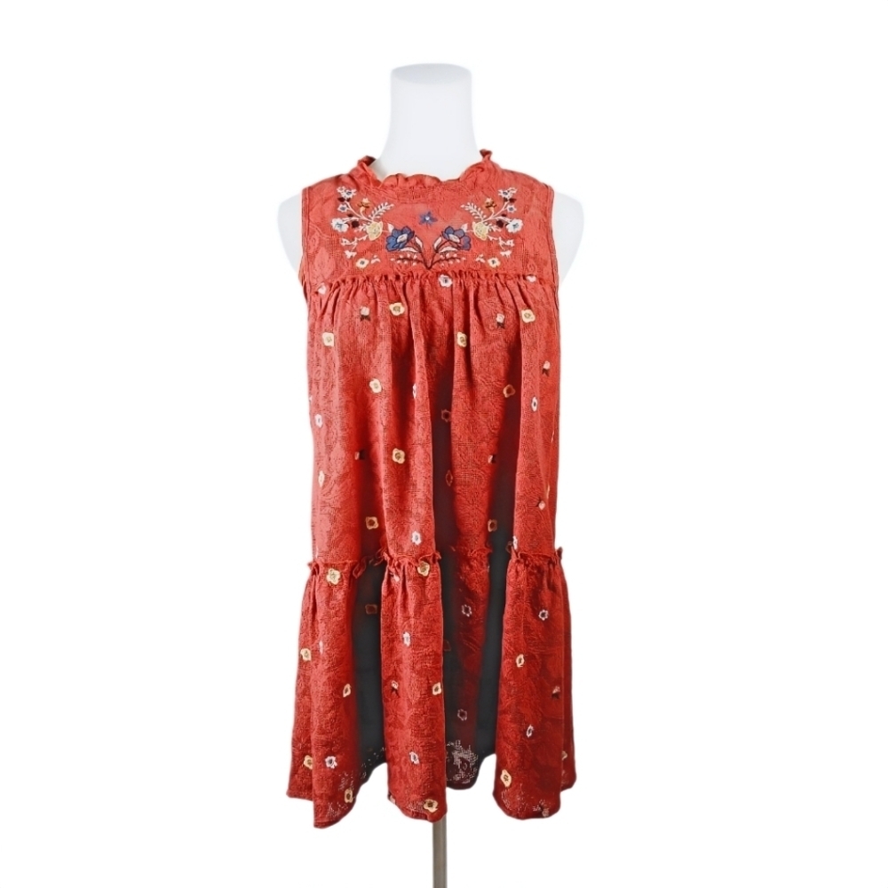 Miami Rust Red Embroidered Keyhole Dress Sleeveless Ruffle Hem Size S